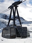 Testa Grigia aerial tramway in Cervinia, Italy, moves skiers to 3480 m glacier.