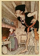"Fee-fi-fo-fum, I smell the blood of an Englishman", illustration to a 1918 English Fairy Tales, by Flora Annie Steel