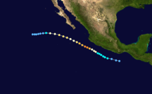 A track map of a hurricane parallel to the western coast of Mexico; it is generally west-northwestward, curving to the west near the end