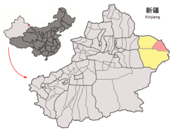 Location of Yiwu County (red) within Hami City (yellow) and Xinjiang