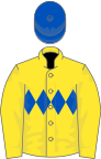 Yellow, royal blue diamond hoop, royal blue sleeves with yellow diamond seam, royal blue cap