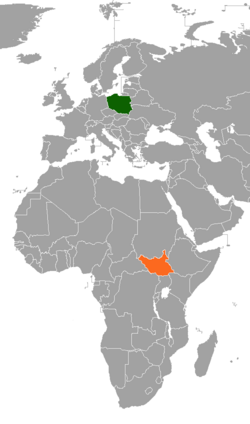 Map indicating locations of Poland and South Sudan