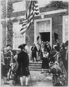 Raising the first flag at Independence Hall, Philadelphia, circa 1776-77.