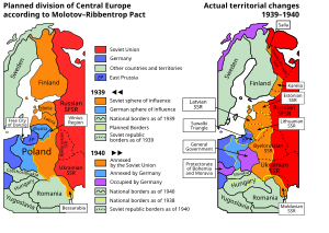 Map showing the planned and actual divisions of Poland according to the Molotov–Ribbentrop Pact.