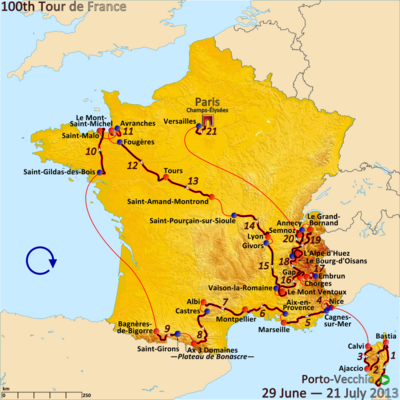 Map of France showing the path of the race starting in Corsica, then going clockwise around France.