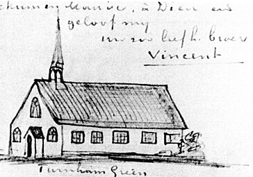 Sketch of Turnham Green Congregational Church by Vincent van Gogh, c. 1875. He taught Sunday school in the iron structure, now replaced by Arlington Park Mansions.[27]