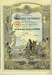 Louis Daguerre dargestellt auf der vom Künstler Lucien Métivet entworfenen Aktie der Soc. Internationale de la Photographie des Couleurs S. A.