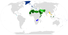 Nations with Christianity as their state religion are in blue.