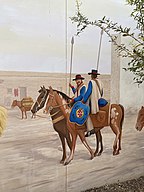 The Tucson presidio solder as depicted by Bill Singleton in his mural, 1972. They dressed in heavy seven-layered deerskin armor and carried a shield of three layers of half-tanned rawhide. Their primary weapon was a nine-foot long lance.