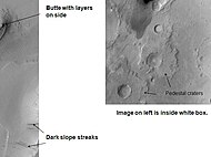Tikhonravov crater floor with two pedestal craters, as seen by Mars Global Surveyor. Image in Arabia quadrangle.