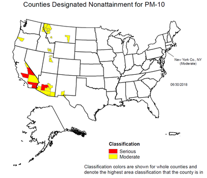U.S. counties violating national PM10 standards, June 2018
