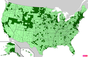 Counties in the United States by median family household income according to the U.S. Census Bureau American Community Survey 2013–2017 5-Year Estimates.[240] Counties with median family household incomes higher than the United States as a whole are in full green.