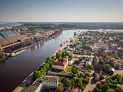 Aerial view with the Ventspils Castle and port