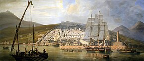 Oil painting of a walled coastal city and a ship entering a harbor