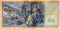 Back side of a 100 mark banknote issued 1908