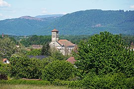 The church and Vosges mountains