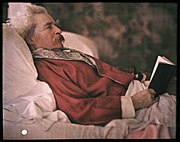 A color portrait of Mark Twain by Alvin Langdon Coburn, 1908, made by the recently introduced Autochrome process