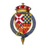 Arms of Sir George Nevill, 5th Baron Bergavenny, KG, PC, as displayed on his stall plate in St. George's chapel - 1st, Nevill; 2nd, Warren; 3rd, quarterly Clare and Despencer; 4th, Beauchamp