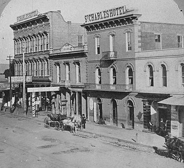 c. late 1870s: Grand Central Hotel branded as part of the St. Charles, Bank of Los Angeles in the Pico Bldg., St. Charles hotel proper, 312 bldg. and L. Harris store, forerunner of Harris & Frank