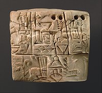 A proto-cuneiform tablet, Jemdet Nasr period, c. 3100–2900 BC. A dog on a leash is visible in the background of the lower panel.[41]