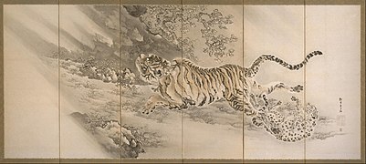 Kishi Ganku (Japan), Tiger in Landscape (1770-1839), ink and watercolor on paper, 171.2 × 372.1 × 1.5 cm.