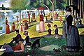 Georges Seurat: Ein Sonntagnachmittag auf der Insel La Grande Jatte, 1884–1886. Der beigefarbene Baumstamm wird vor dem blauen Wasser orange und der gepunktete Rahmen neben der grünen Wiese rot.