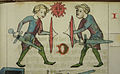 Judicial combat with sword and shield depicted in the Dresden ms. of the Sachsenspiegel, 14th century.