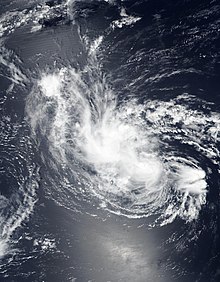 Satellite image of Tropical Storm Hector shortly after entering the western Pacific Ocean early on August 14