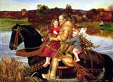 Nineteenth century painting of an elderly knight in armour on horseback with two young children holding onto him.