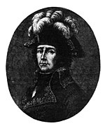 Black and white print shows a man wearing a plumed bicorne hat and the dark uniform of a French general of the 1790s.
