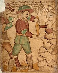 Baugi using his auger to drill a hole in the mountainous Hnitbjörg (Illustration from SÁM 66)