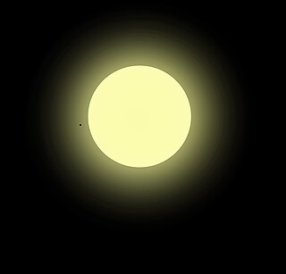 Schematische Darstellung (Farbe) des Sterns μ Arae und einen seiner Planeten