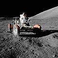 Image 13 Lunar rover Photo credit: Harrison Schmitt Astronaut Eugene Cernan makes a short test drive of the lunar rover (officially, Lunar Roving Vehicle or LRV) during the early part of the first Apollo 17 extravehicular activity. The LRV was only used in the last three Apollo missions, but it performed without any major problems and allowed the astronauts to cover far more ground than in previous missions. All three LRVs were abandoned on the Moon. More selected pictures