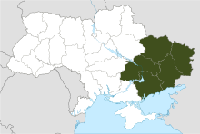 Map of Dnipropetrovsk, Donetsk, Kharkiv, Luhansk, and Zaporizhzhia oblasts highlighted in Ukraine