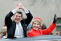 U.S. President Ronald Reagan and wife Nancy Reagan waving from the limousine during the inaugural parade in Washington, D.C. (1981)
