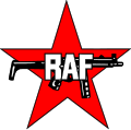 Red Army Faction logo, showing a Heckler & Koch MP5 submachine gun on top of a red star, overlaid with the letters "RAF"