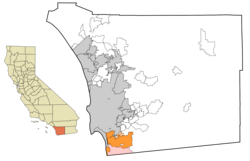 The South Bay region, with cities shown in orange, the unincorporated community Bonita in pale orange, and South San Diego in pink