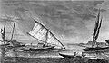 Tongan canoes, with sails and cabins, and two Tongan men paddling a smaller canoe in the foreground; derived from "Boats of the Friendly Isles" a record of Cook's visit to Tonga, 1773–74.