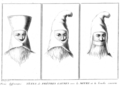 Three styles of a priest's hat with the mouth covered. Bernard Picart (1673–1733).