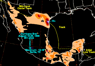 A map of rainfall in Mexico and the southern United States. The heaviest rainfall is along the Texas–Mexico border near the Gulf of Mexico.