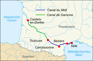 Verlauf des Canal latéral à la Garonne (grüne Linie)