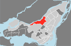 Location of Ahuntsic-Cartierville on the Island of Montreal. (Dark grey areas indicate demerged municipalities).
