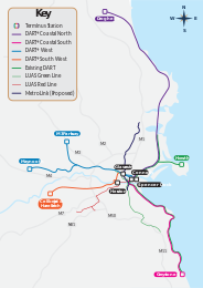 Map of the Dublin area with existing DART and LUAS services (2023), the proposed DART+ programme, and the proposed MetroLink. Terminus stations at Heuston, Connolly, Spencer Dock, and Glasnevin are shown.