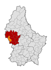 Map of Luxembourg with Ell highlighted in orange, and the canton in dark red