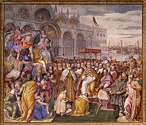 Submission of Frederick Barbarossa before Pope Alexander III during the signing of the Treaty of Venice by Giuseppe Salviati and Giuseppe Porta