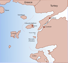 Labelled map of the northeastern Aegean and the Dardanelles Straits