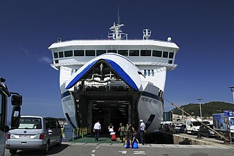The front of the M/T Petar Hektorović opens up, allowing cars to enter the vehicle bay.