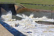 The spillway at Lake Wright Patman during the flood of 2015-2016. After this the Sulphur river flows into Miller County, Arkansas.