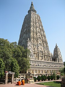 stone Mahabodhi temple in Bodhgaya, India, where Gautama Buddha attained Nirvana under the Bodhi Tree