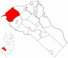 Location of Logan Township in Gloucester County highlighted in red (right). Inset map: Location of Gloucester County in New Jersey highlighted in red (left).